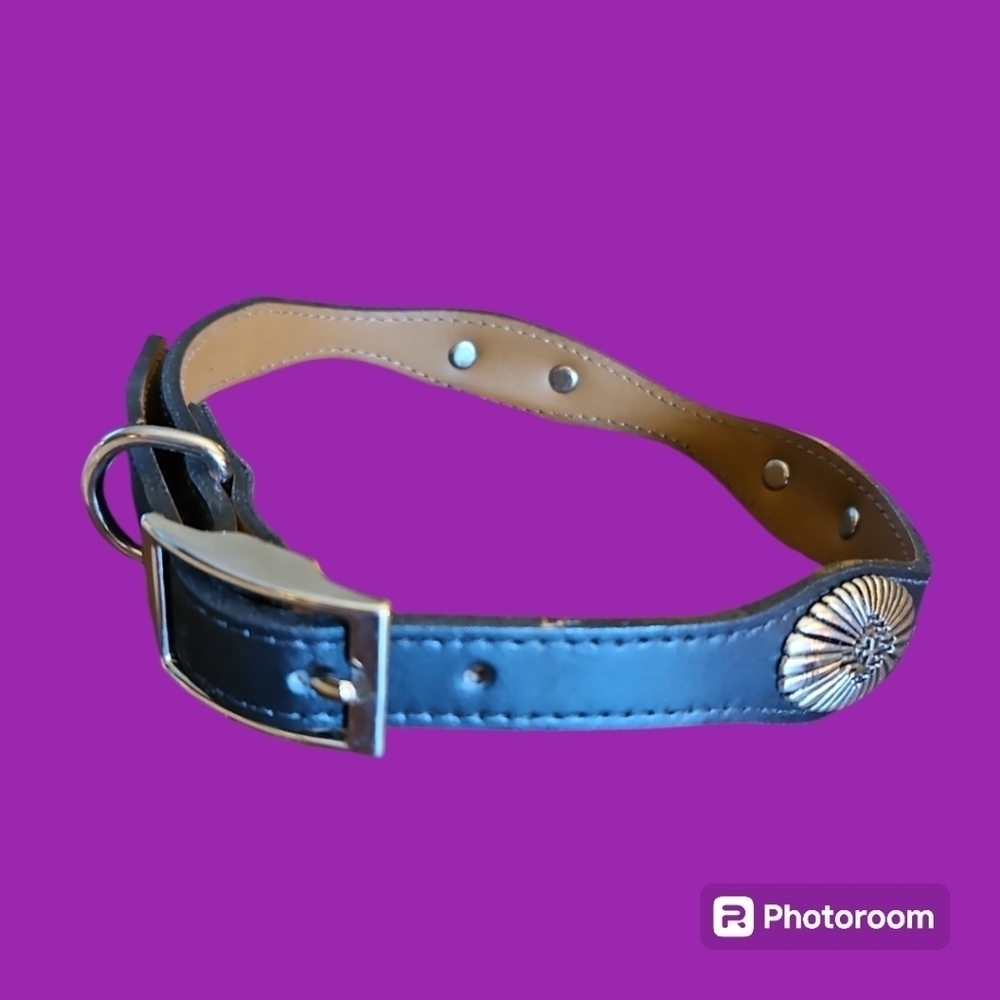 TEXAS LEATHER MFG Black Concho Western Leather Dog Collar NWOT